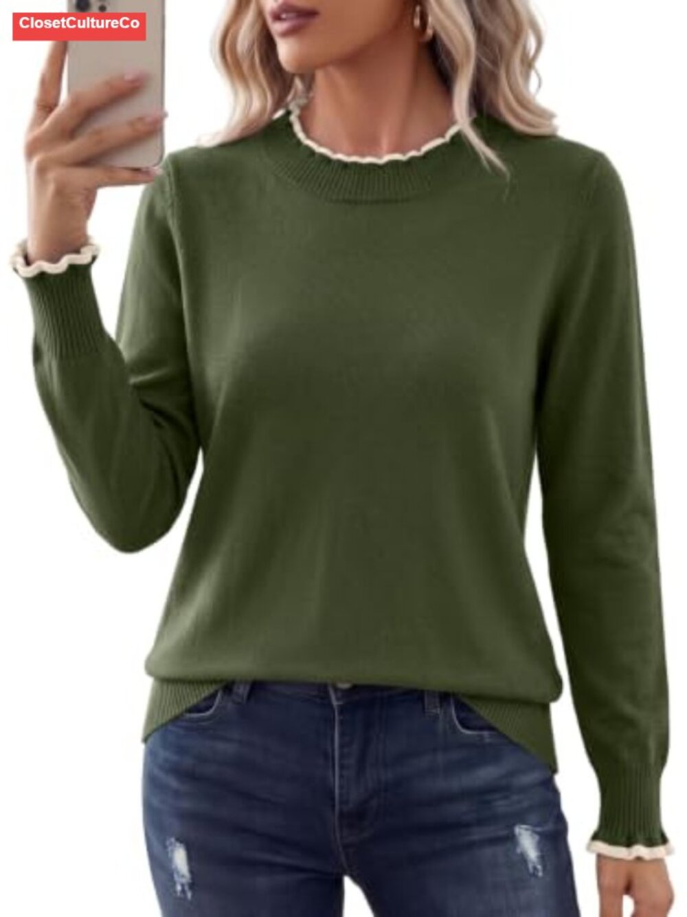 Ruffle Mock Neck Long Sleeve Pullover Sweater Knit Womens Fall Office
